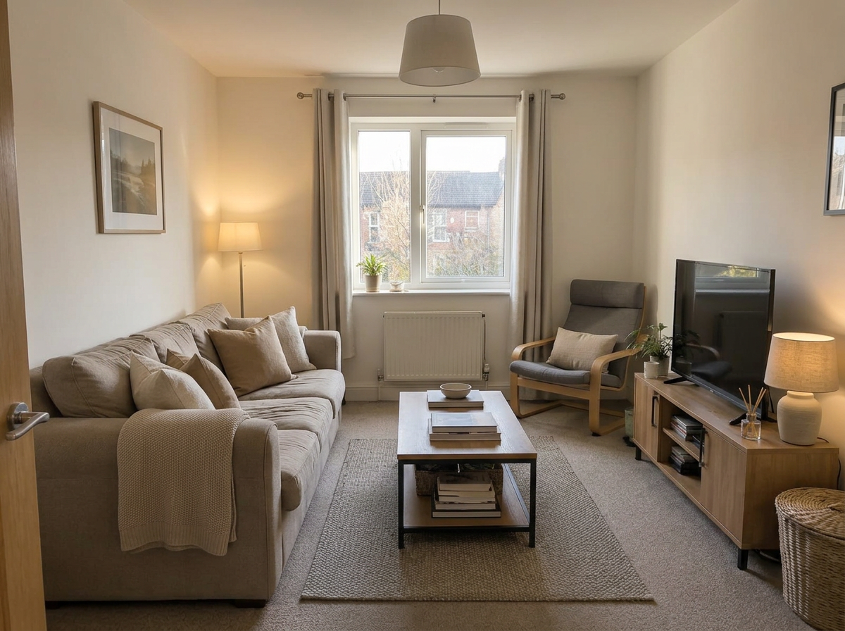 The same rented living room after a realistic, attainable refresh